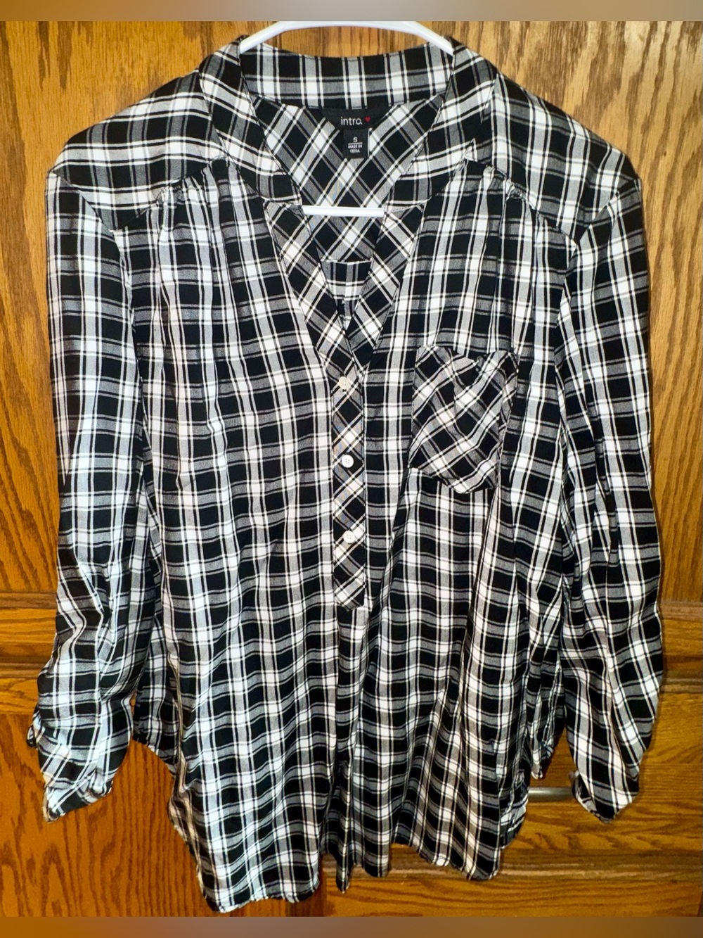 Intro Black and White Plaid Gingham LS Blouse - Small